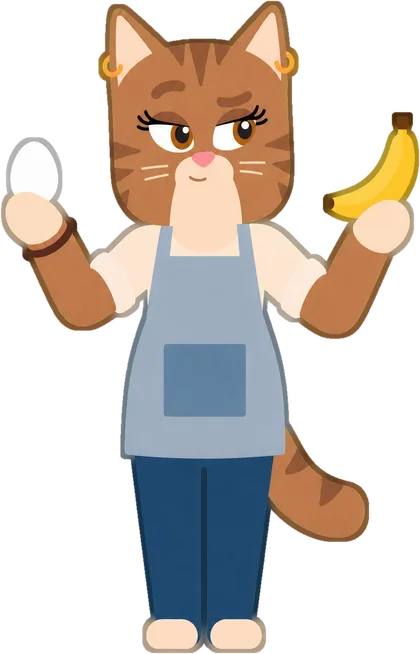 Honey weighing up an egg in one paw and a banana in the other.