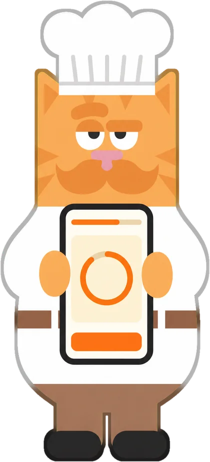 Pan holding up a phone showing a recipe step with a timer.
